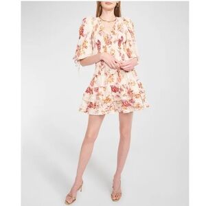 EN SAISON Elma Floral Smocked Mini Dress Size Small Puff Sleeves